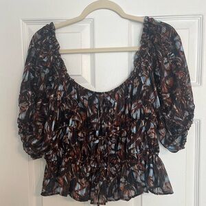 NWT House of Harlow 1960 Black Crop Top with Brown and Light Blue Print
